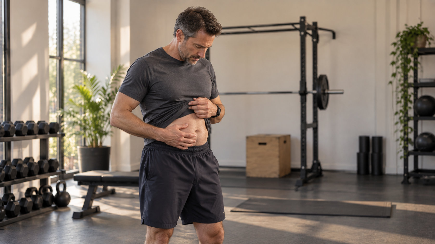 Volwassene in sportkleding in een lichte trainingsruimte bij een blog over buikvet verliezen