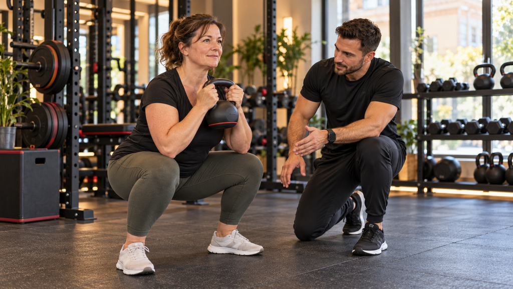 Hoeveel eiwit heb je nodig tijdens het afvallen? Vrouw doet een goblet squat met begeleiding van een personal trainer tijdens het afvallen